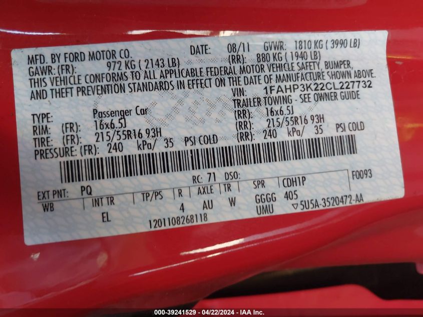 2012 Ford Focus Se VIN: 1FAHP3K22CL227732 Lot: 39241529