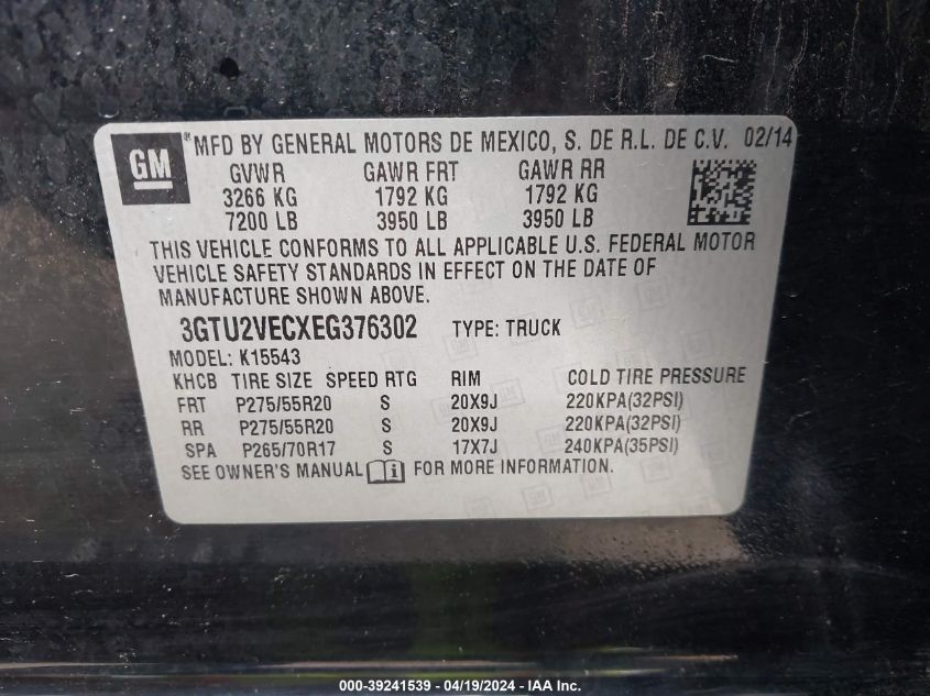 VIN 3GTU2VECXEG376302 2014 GMC Sierra, 1500 Slt no.9