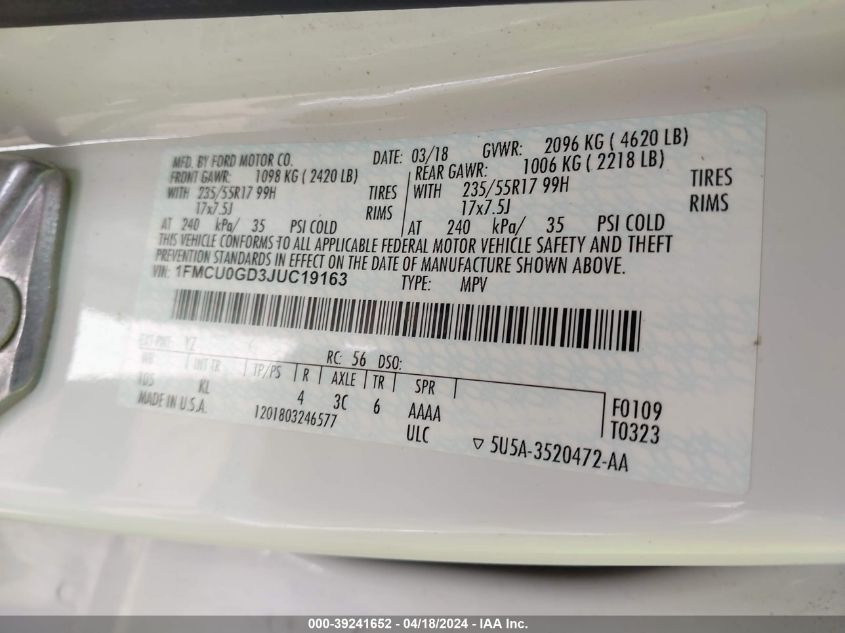 2018 Ford Escape Se VIN: 1FMCU0GD3JUC19163 Lot: 39241652