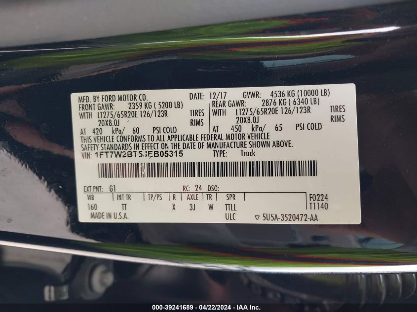 2018 Ford F-250 Limited VIN: 1FT7W2BT5JEB05315 Lot: 39241689