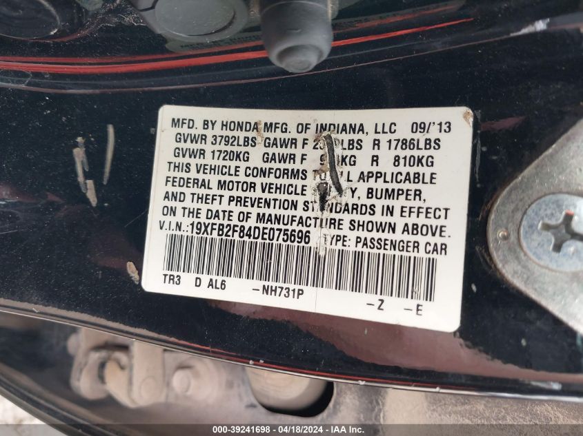 2013 Honda Civic Ex VIN: 19XFB2F84DE075696 Lot: 39241698