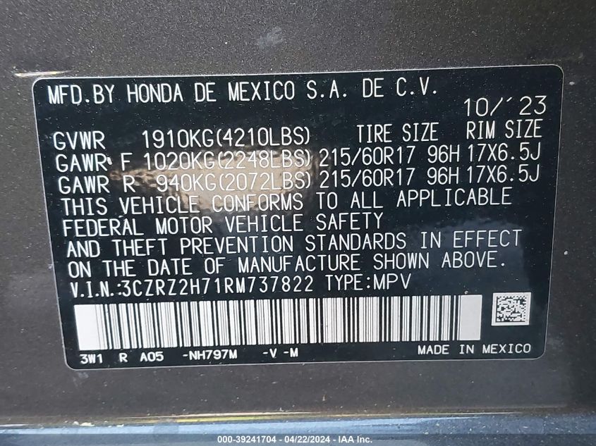 2024 Honda Hr-V Awd Ex-L/Awd Ex-L W/O Bsi VIN: 3CZRZ2H71RM737822 Lot: 39241704