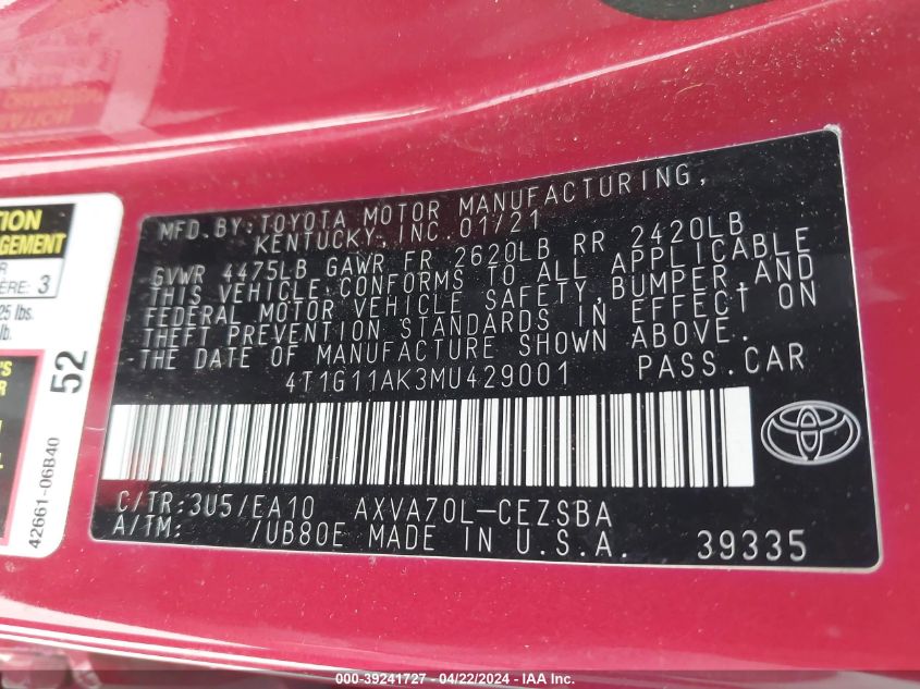 4T1G11AK3MU429001 | 2021 TOYOTA CAMRY