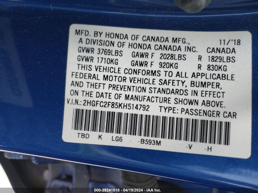 2019 Honda Civic Sport VIN: 2HGFC2F85KH514792 Lot: 39241818