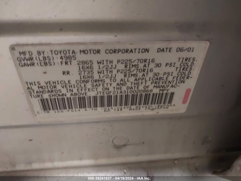 2001 Toyota Highlander V6 VIN: JTEGF21A310020868 Lot: 39241837