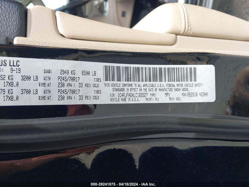 2020 Jeep Grand Cherokee Laredo E 4X4 VIN: 1C4RJFAGXLC165527 Lot: 39241875