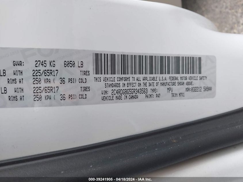 2016 Dodge Grand Caravan Se Plus VIN: 2C4RDGBG5GR343563 Lot: 39241905