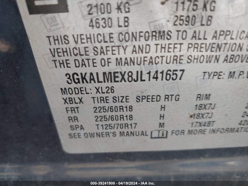 VIN 3GKALMEX8JL141657 2018 GMC TERRAIN SLE