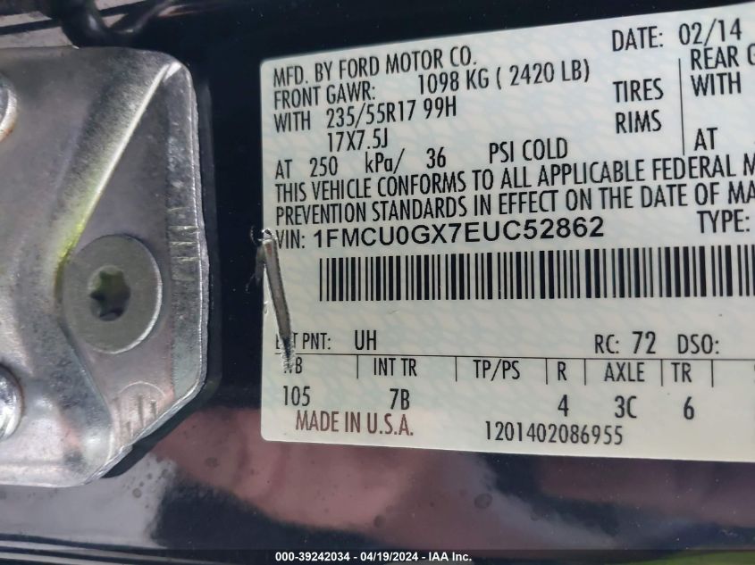 2014 Ford Escape Se VIN: 1FMCU0GX7EUC52862 Lot: 39242034