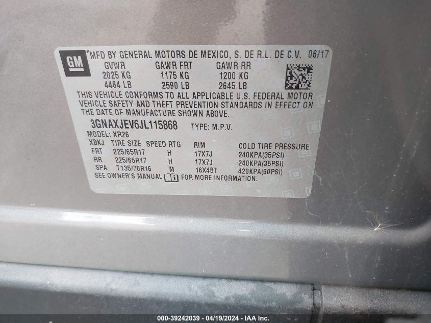 2018 Chevrolet Equinox Lt VIN: 3GNAXJEV6JL115868 Lot: 39242039