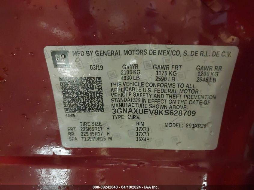 2019 Chevrolet Equinox Lt VIN: 3GNAXUEV8KS628709 Lot: 39242040