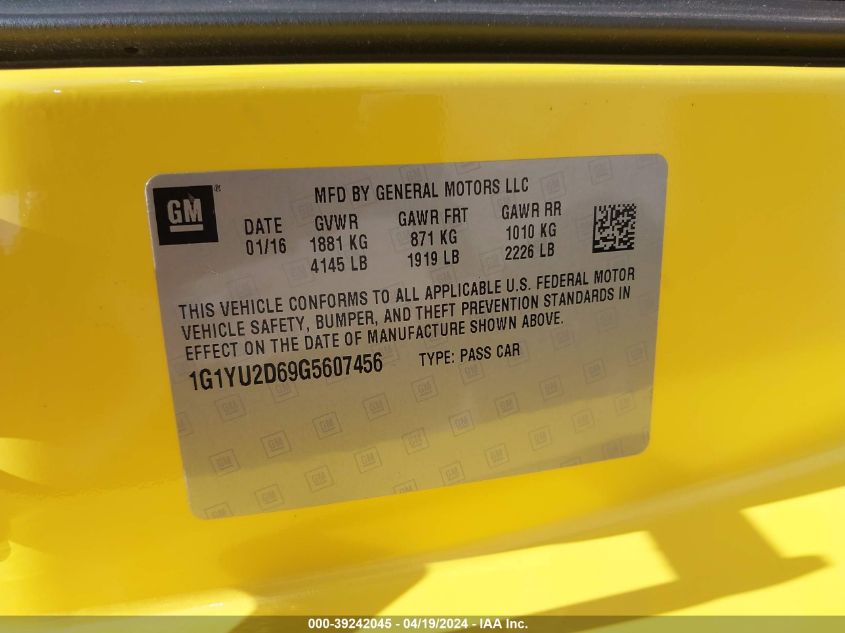 2016 Chevrolet Corvette Z06 VIN: 1G1YU2D69G5607456 Lot: 39242045