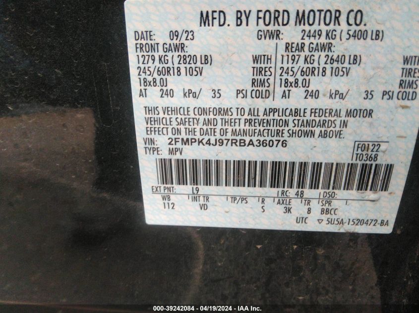 2024 Ford Edge Sel VIN: 2FMPK4J97RBA36076 Lot: 39242084