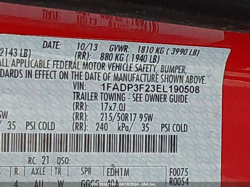 2014 Ford Focus Se VIN: 1FADP3F23EL190508 Lot: 39242185