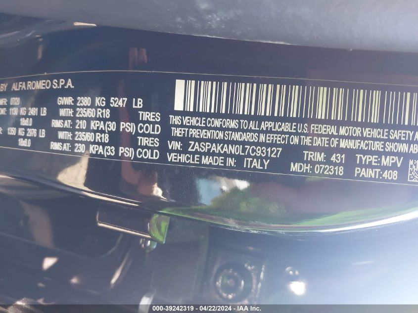 2020 Alfa Romeo Stelvio Awd VIN: ZASPAKAN0L7C93127 Lot: 39242319