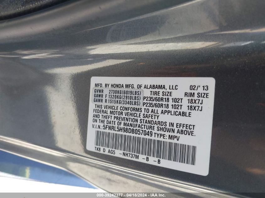 2013 Honda Odyssey Touring/Touring Elite VIN: 5FNRL5H98DB057049 Lot: 39242377