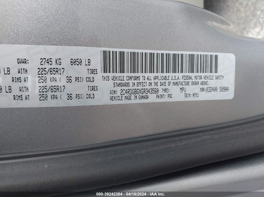 2016 Dodge Grand Caravan Se Plus VIN: 2C4RDGBGXGR343560 Lot: 39242384