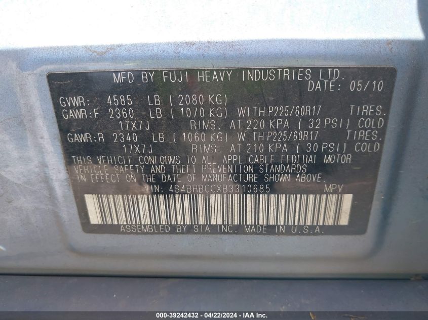 2011 Subaru Outback 2.5I Premium VIN: 4S4BRBCCXB3310685 Lot: 39242432