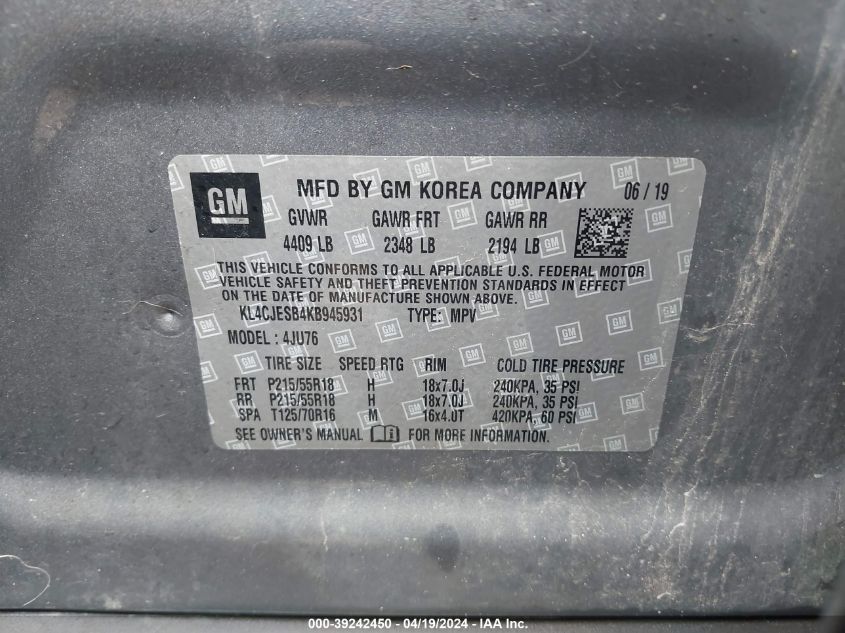 KL4CJESB4KB945931 2019 Buick Encore Awd Preferred