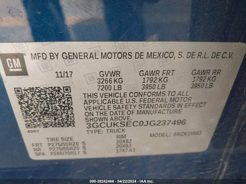 2018 Chevrolet Silverado 1500 1Lz VIN: 3GCUKSEC0JG237496 Lot: 39242466