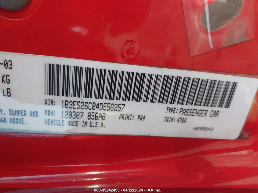 2004 Dodge Neon Se VIN: 1B3ES26C84D556957 Lot: 39242499
