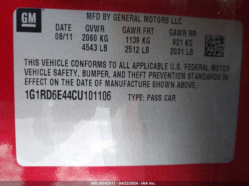 1G1RD6E44CU101106 | 2012 CHEVROLET VOLT