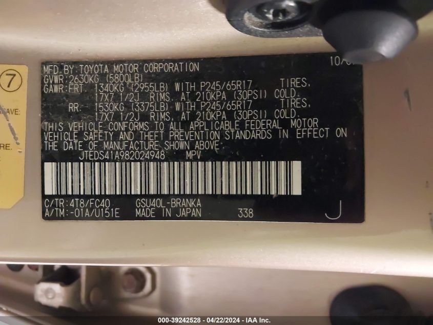 2008 Toyota Highlander VIN: JTEDS41A982024948 Lot: 39242528