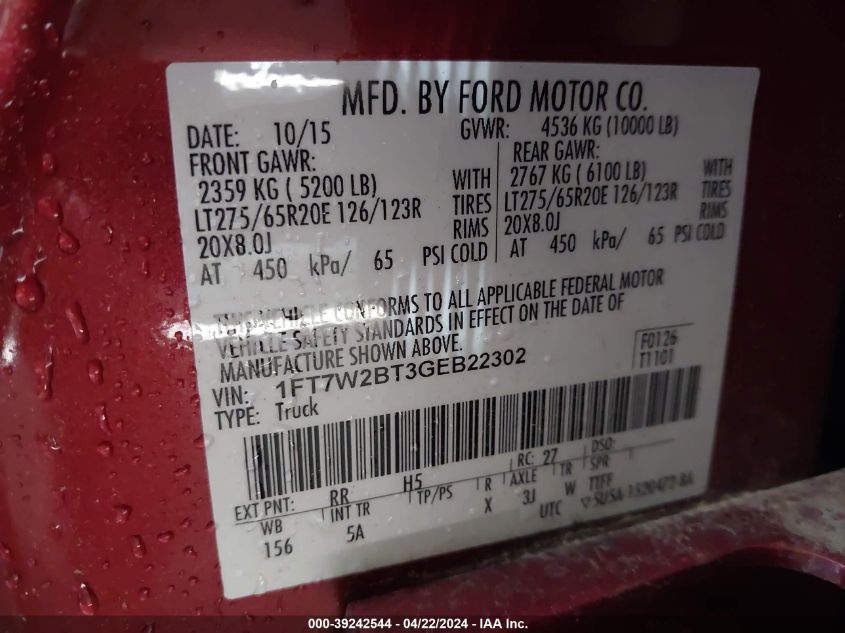 2016 Ford F-250 Lariat VIN: 1FT7W2BT3GEB22302 Lot: 39242544