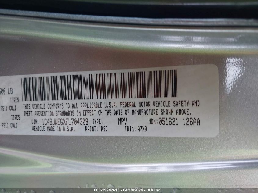 2015 Jeep Wrangler Unlimited Sahara VIN: 1C4BJWEGXFL704308 Lot: 39242613