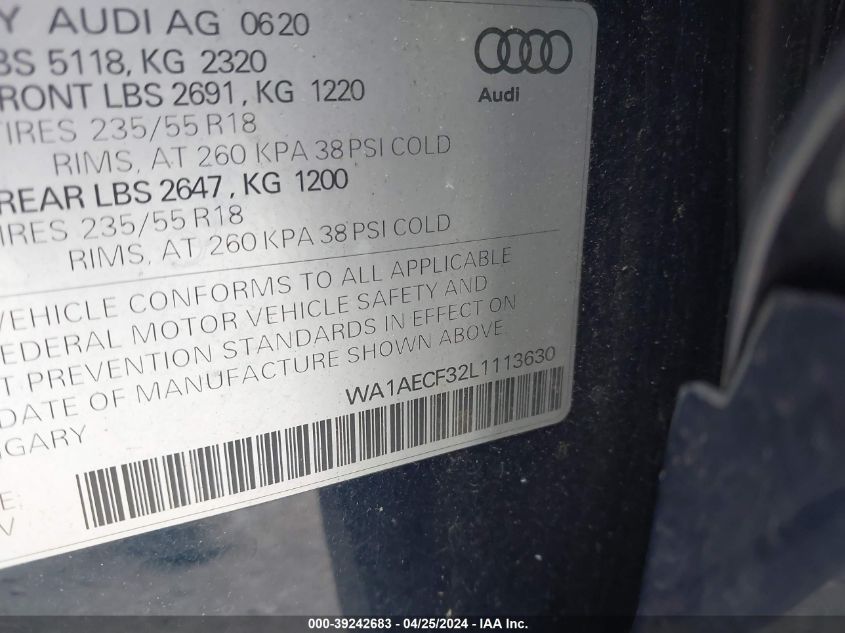 2020 Audi Q3 Premium 45 Tfsi Quattro Tiptronic VIN: WA1AECF32L1113630 Lot: 39242683