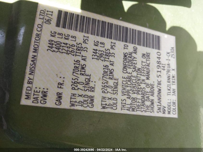 2011 Nissan Xterra S VIN: 5N1AN0NW7BC519840 Lot: 39242690