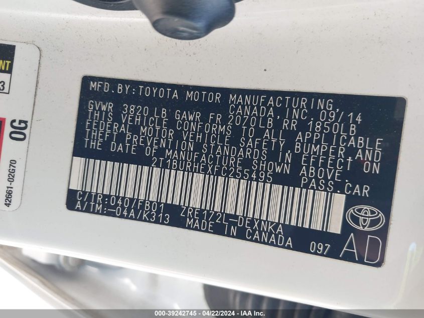 2015 Toyota Corolla Le VIN: 2T1BURHEXFC255495 Lot: 39242745