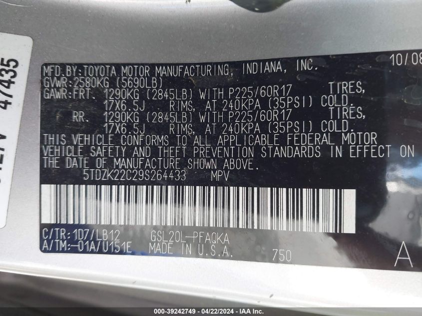 2009 Toyota Sienna Xle VIN: 5TDZK22C29S264433 Lot: 39242749