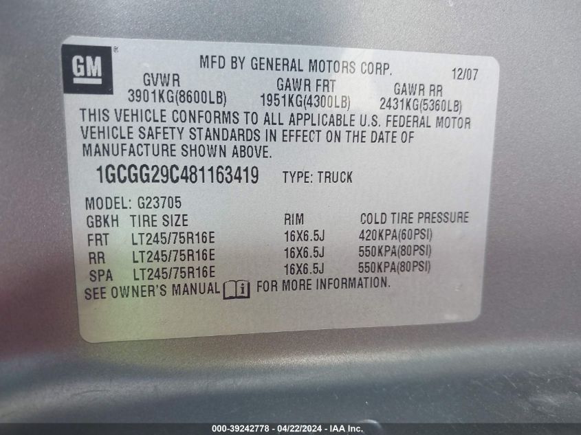 2008 Chevrolet Express Work Van VIN: 1GCGG29C481163419 Lot: 39242778