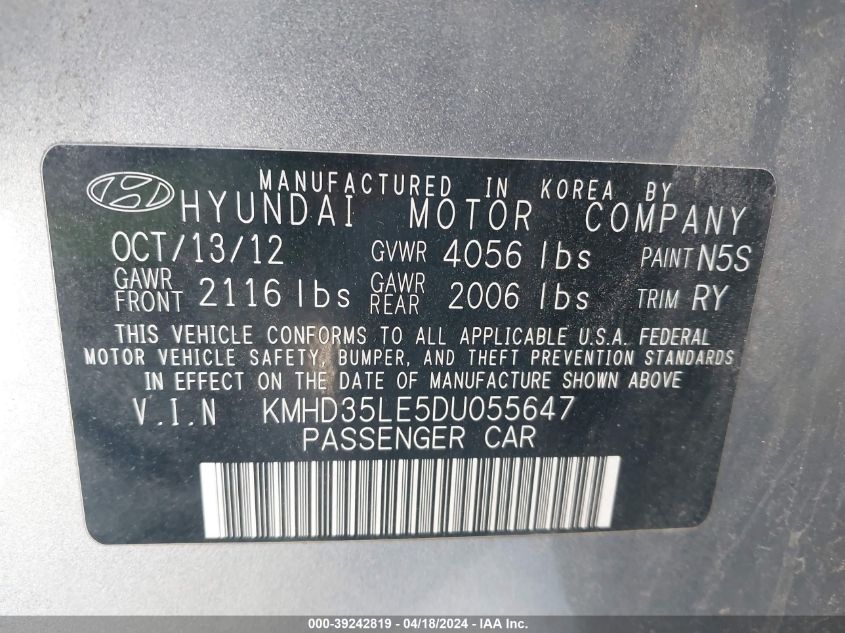 2013 Hyundai Elantra Gt VIN: KMHD35LE5DU055647 Lot: 39242819