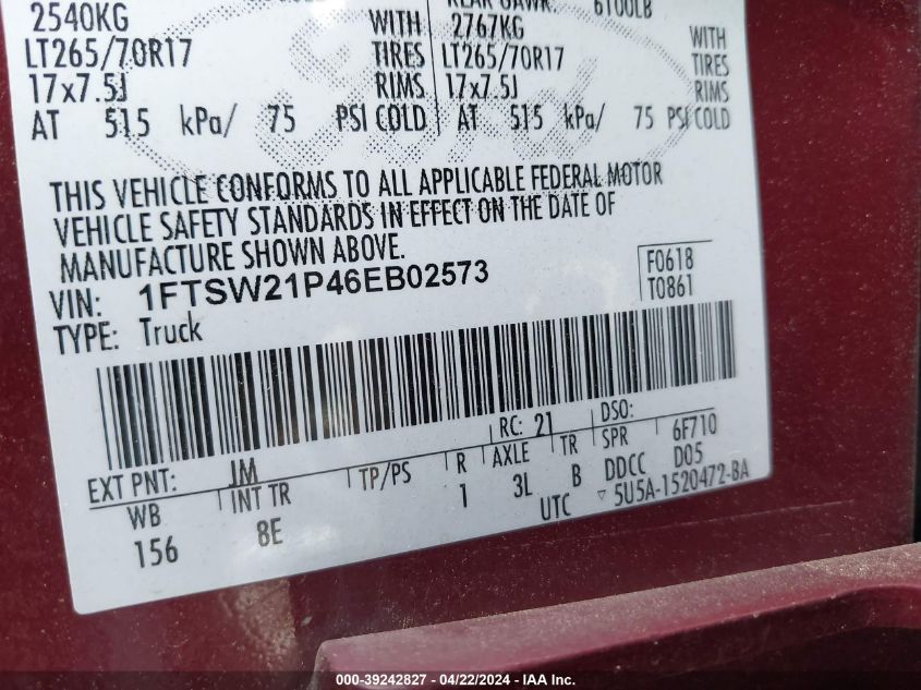 2006 Ford F-250 Lariat/Xl/Xlt VIN: 1FTSW21P46EB02573 Lot: 39242827