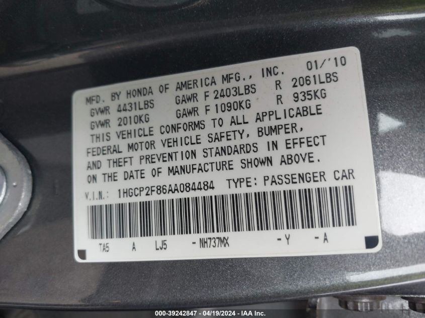 2010 Honda Accord 2.4 Ex-L VIN: 1HGCP2F86AA084484 Lot: 39242847