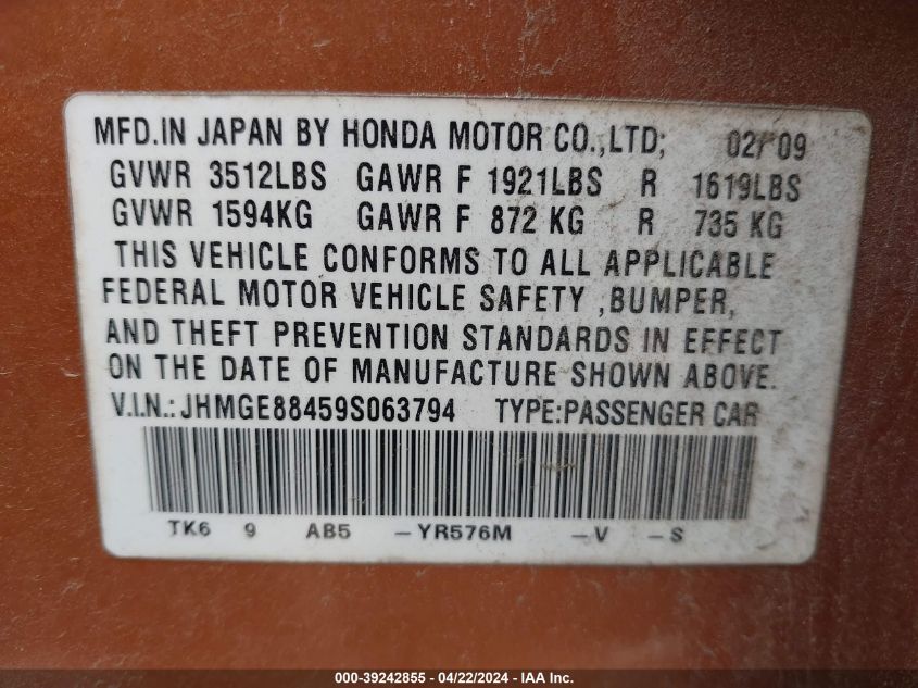 2009 Honda Fit Sport VIN: JHMGE88459S063794 Lot: 39242855