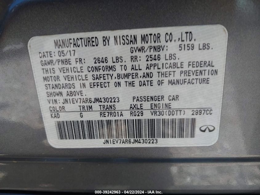 2018 Infiniti Q50 3.0T Luxe VIN: JN1EV7AR6JM430223 Lot: 39242963