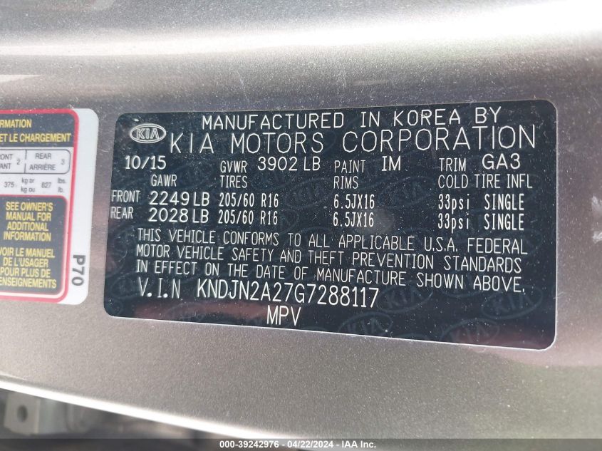 2016 Kia Soul VIN: KNDJN2A27G7288117 Lot: 39242976