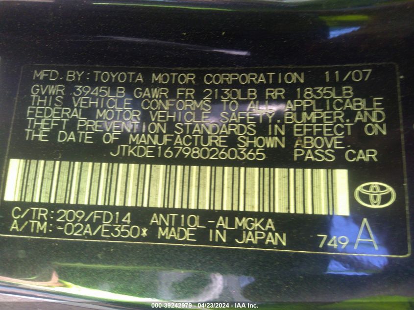 2008 Scion Tc VIN: JTKDE167980260365 Lot: 50815114