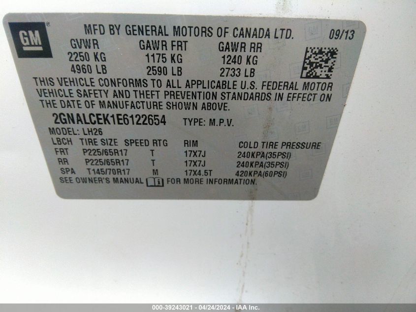 2GNALCEK1E6122654 2014 Chevrolet Equinox 2Lt