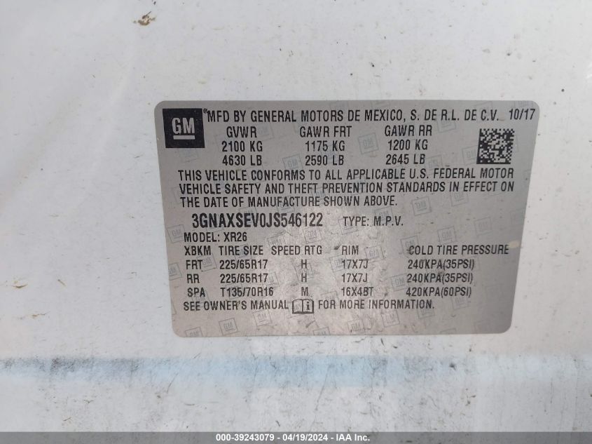 2018 Chevrolet Equinox Lt VIN: 3GNAXSEV0JS546122 Lot: 39243079