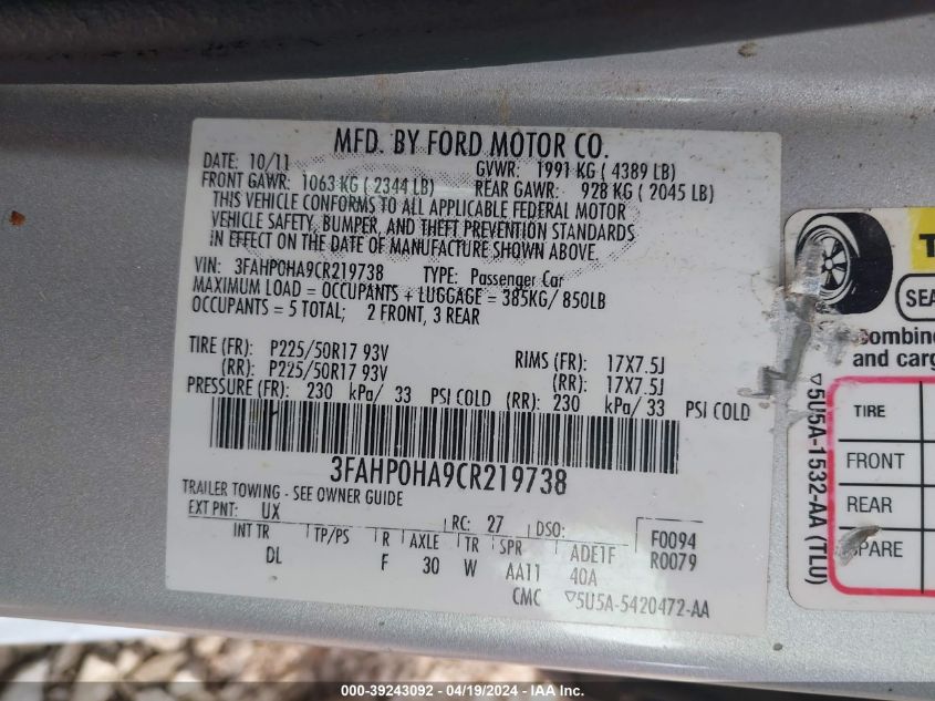 2012 Ford Fusion Se VIN: 3FAHP0HA9CR219738 Lot: 39243092