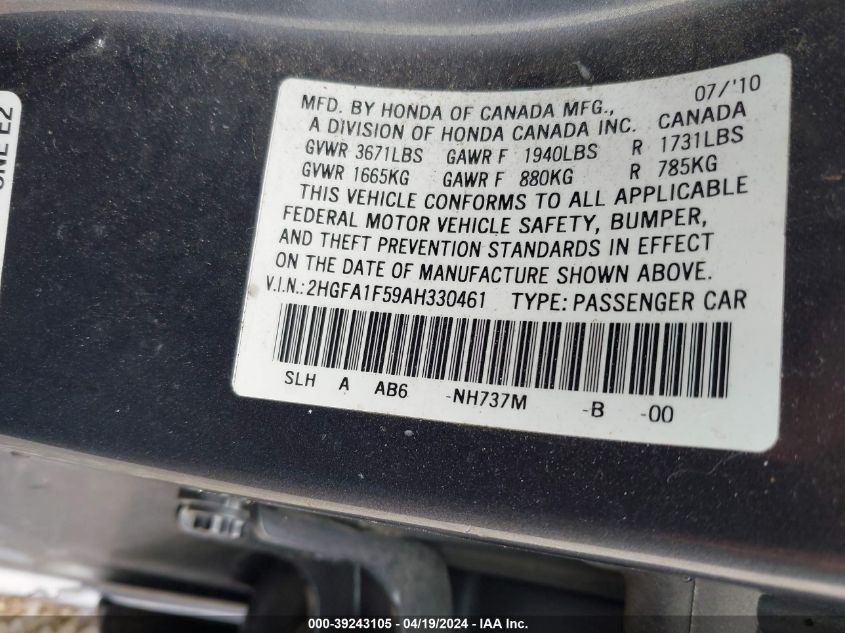 2010 Honda Civic Lx VIN: 2HGFA1F59AH330461 Lot: 39243105