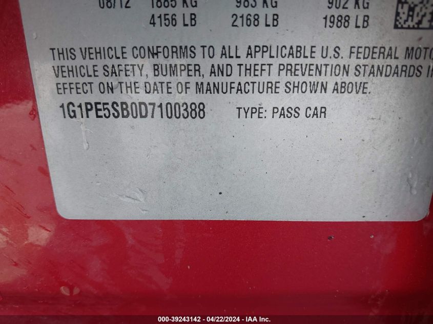 2013 Chevrolet Cruze 2Lt Auto VIN: 1G1PE5SB0D7100388 Lot: 39243142