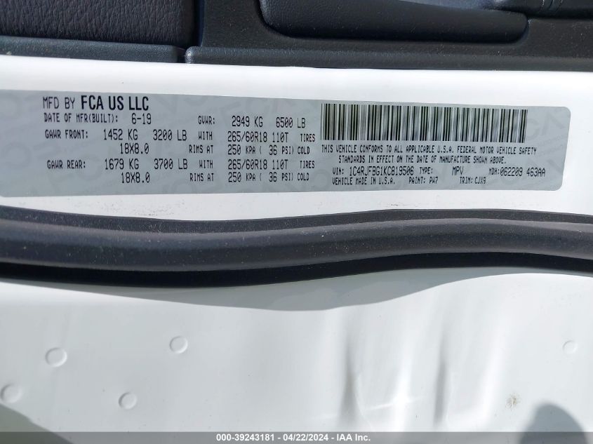 2019 Jeep Grand Cherokee Limited 4X4 VIN: 1C4RJFBG1KC819506 Lot: 39243181