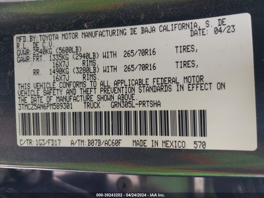 2023 TOYOTA TACOMA 3.5L V-6 DI, DOHC, V(VIN: 3TMCZ5AN6PM589301