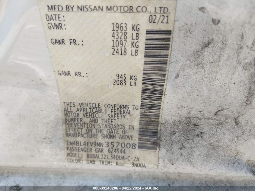 2021 Nissan Altima Sl Fwd VIN: 1N4BL4EV9MN357008 Lot: 39243206