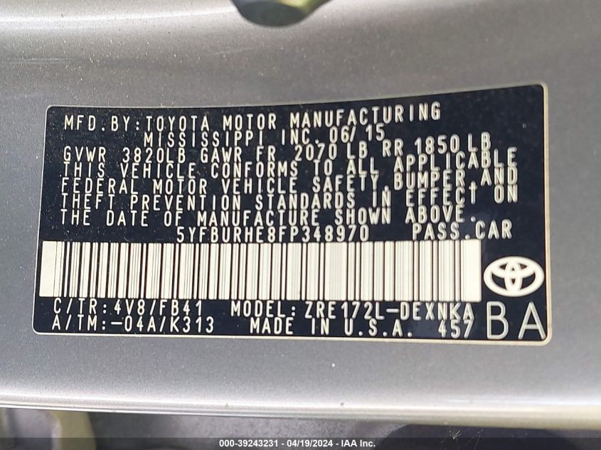 2015 Toyota Corolla Le VIN: 5YFBURHE8FP348970 Lot: 39243231